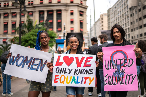 Portrait of transgender women demand equal rights during demonstration