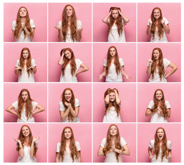 Portrait of young woman with happy and unhappy facial expressions Collage of images of young woman with different facial expressions at studio emotional series stock pictures, royalty-free photos & images