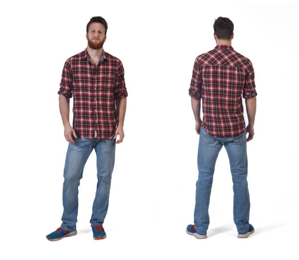 portrait on white background Front and back of a man on white background plaid shirt stock pictures, royalty-free photos & images