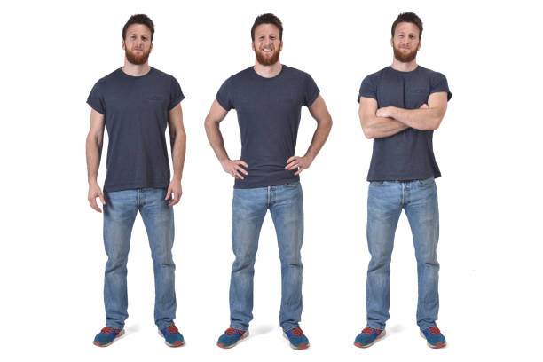 portraitset of photos of a man in various poses in white backgroundon white background stock photo