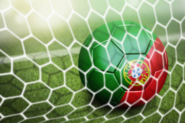 portugal soccer ball in goal net - portugal flag stadium imagens e fotografias de stock