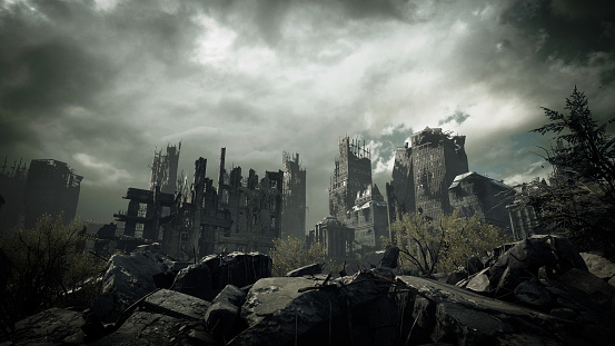 Digitally generated post apocalyptic scene depicting a desolate urban landscape with buildings in ruins and cloudy sky.

The scene was rendered with photorealistic shaders and lighting in UE4 (Unreal Engine 4.23) with some post-production added.