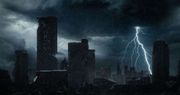 Digitally generated post apocalyptic scene depicting a desolate urban landscape with buildings in ruins at night during a strong rain storm. 

The scene was created in Autodesk® 3ds Max 2020 with V-Ray 5 and rendered with photorealistic shaders and lighting in Chaos® Vantage with some post-production added.