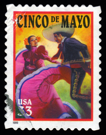 USA postage stamp showing an image of Mexican Flamenco dancers celebrating Cinco De Mayo Mexico independence