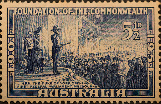 Postage Stamp - Opening Federal Parliament Australian postage stamp, unfranked, 1951. Commemoration of opening of first Federal Parliament in 1901 1901 stock pictures, royalty-free photos & images