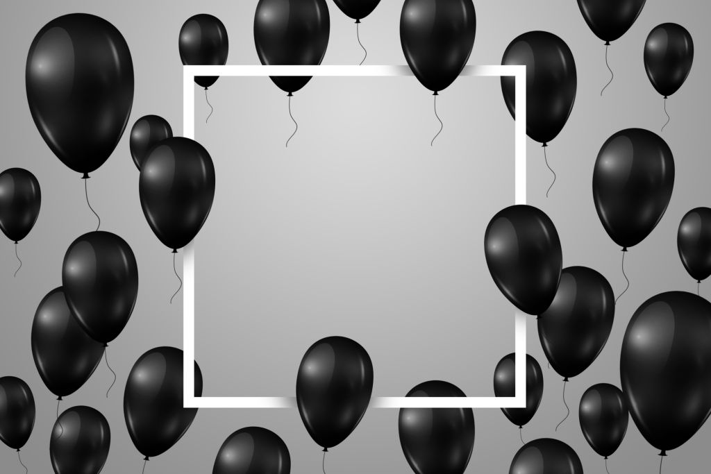 Poster with shiny balloons with a square frame on a light background.
