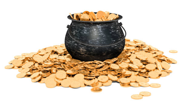 Pot full of golden coins, 3D rendering isolated on white background stock photo