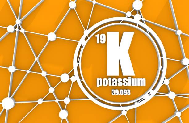 Potassium chemical element. Potassium chemical element. Sign with atomic number and atomic weight. Chemical element of periodic table. Molecule And Communication Background. Connected lines with dots. 3D rendering potassium stock pictures, royalty-free photos & images