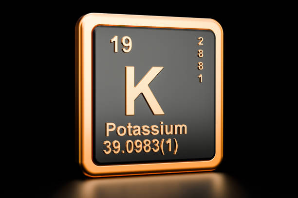 Potassium, K chemical element. 3D rendering isolated on black background Potassium, K chemical element. 3D rendering isolated on black background potassium stock pictures, royalty-free photos & images
