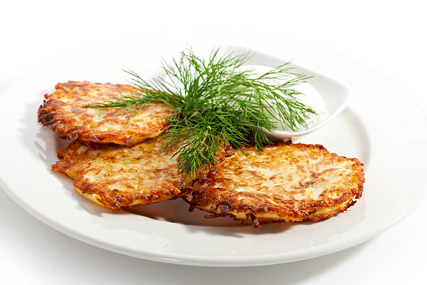 Potato Pancake Hash Browns with Sour Cream and Dill hash brown stock pictures, royalty-free photos & images