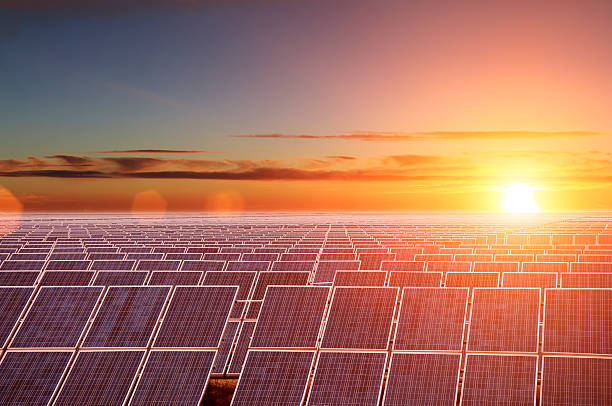 Power plant using renewable solar energy with sun stock photo