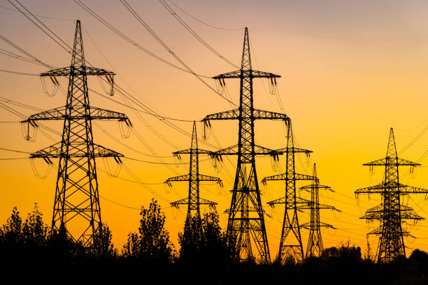 Power pylons reache into the sunset sky. Silhouettes of big trees under energy transmission towers. stock photo