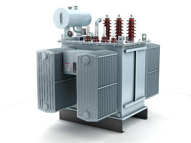 Power Transformer 3D illustration of high voltage transformer on white background. electricity transformer stock pictures, royalty-free photos & images
