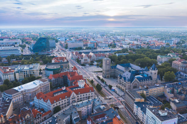Poznan after sunset Aerial view of Poznan, Poland poznan stock pictures, royalty-free photos & images