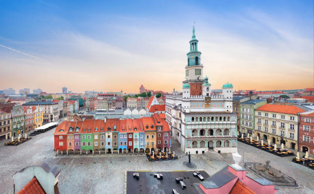 Poznan, Poland. Aerial view of Rynek (Market) square Poznan, Poland. Aerial view of Rynek (Market) square with small colorful houses and old Town Hall poznan stock pictures, royalty-free photos & images
