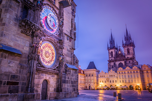 Prague Astronomical clock in old town square at dawn– Czech Republic