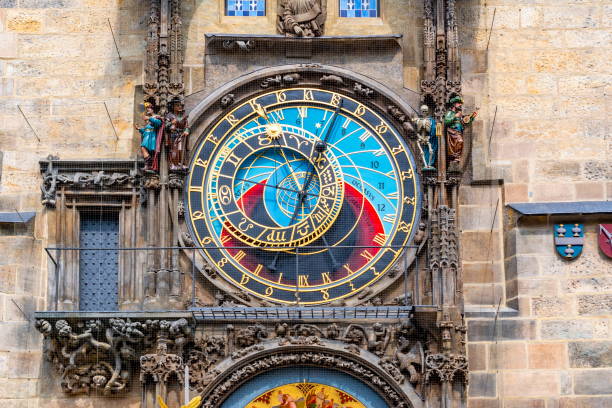 Prague astronomical clock on City Hall tower, Czech Republic Prague astronomical clock on City Hall tower, Czech Republic prague art stock pictures, royalty-free photos & images