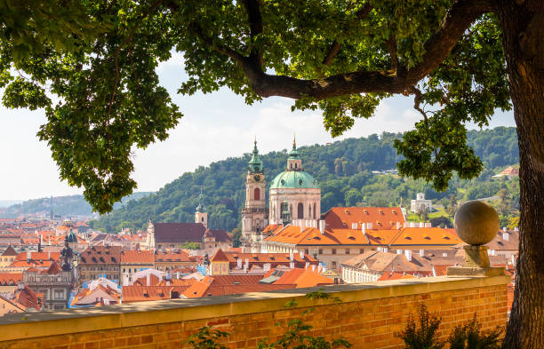 Prague cityscape panorama - city landscape with Towers of the Church of Saint Nicholas, Czech republic Prague cityscape panorama - city landscape with Towers of the Church of Saint Nicholas, view from Prague Castle viewpoint, Prague, Czech republic hradcany castle stock pictures, royalty-free photos & images