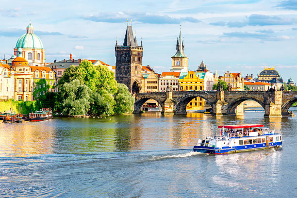 Prague cityscape view Citycsape view on the riverside with the bridge and old town in Prague vltava river stock pictures, royalty-free photos & images