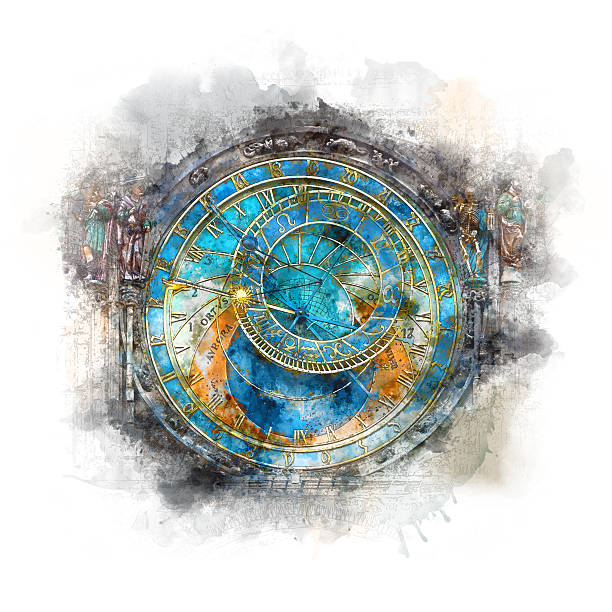 Prague Clock (Orloj) - watercolor art Prague Astronomical Clock (Orloj) in the Old Town Square in Prague, Czech Republic, Europe. Famous Landmarks in Praha - Watercolor art prague art stock pictures, royalty-free photos & images