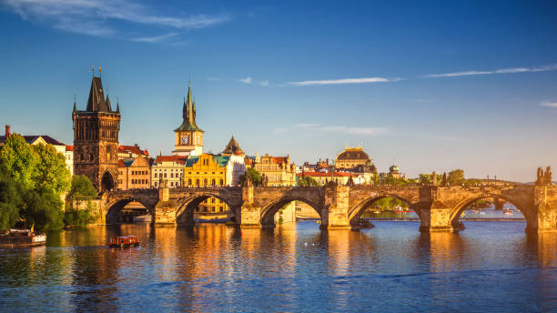 Prague Scenic spring sunset aerial view of the Old Town pier architecture and Charles Bridge over Vltava river in Prague, Czech Republic Prague Scenic spring sunset aerial view of the Old Town pier architecture and Charles Bridge over Vltava river in Prague, Czech Republic charles bridge stock pictures, royalty-free photos & images