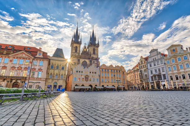 Prague sunrise city skyline at Prague old town square, Prague, Czechia Prague sunrise city skyline at Prague old town square, Prague, Czechia prague old town square stock pictures, royalty-free photos & images