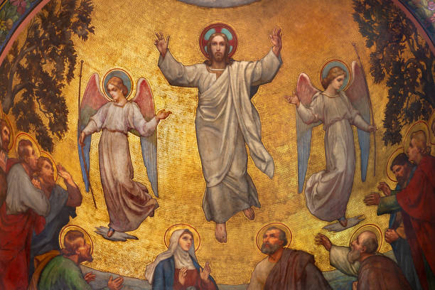Prague - The fresco of Ascension of Jesus in side apse of church kostel Svatého Václava by S. G. Rudl (1900). stock photo