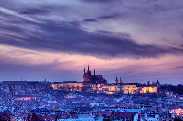 Prague Twilight View of Hradcany Castle  hradcany castle stock pictures, royalty-free photos & images