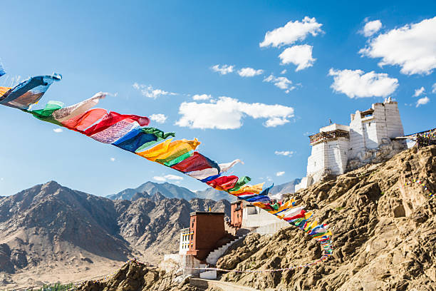 Prayer flag in Tsemo castle in Leh, Ladakh, India Tibetan Buddhist prayer flags in Tsemo castle in Leh in the Himalayas mountain range in Ladakh, India leh district stock pictures, royalty-free photos & images