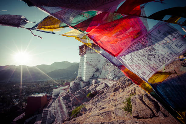 Prayer tibetan flags near the Namgyal Tsemo Monastery in Leh, Ladakh stock photo