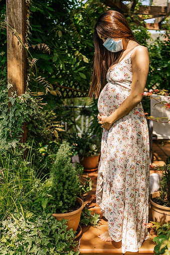Full body pregnant female in floral dress and in medical mask touching belly and standing near potted plants on sunny summer day during quarantine in yard