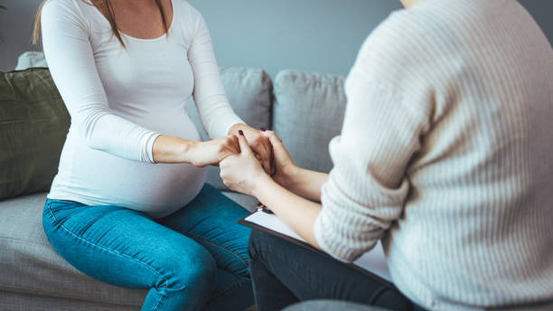 Pregnant woman on home counselling meeting. stock photo