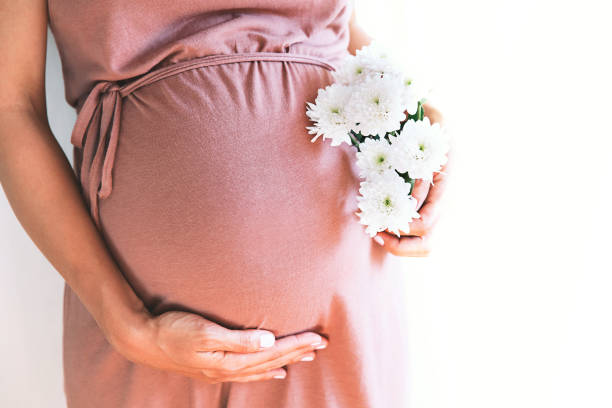 femme enceinte avec des fleurs de chrysanthèmes tient les mains sur le ventre à fond blanc. - mockup vêtement enfants robe photos et images de collection