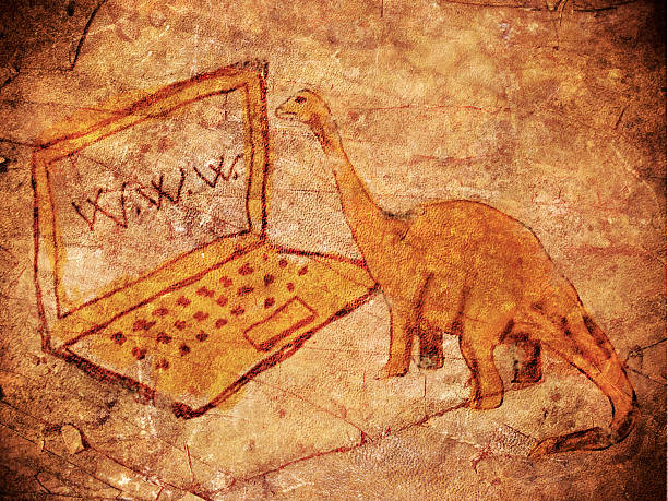 prähistorische petroglyph mit computer und dinosaurier - felszeichnung oder höhlenmalerei stock-fotos und bilder