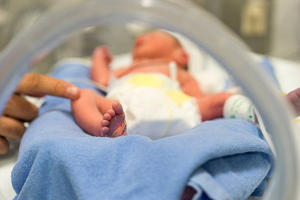 Premature baby and hand of the doctor Photo of a premature baby in incubator. Focus is on his feet and toes. The doctor is touching him to check his reflexes. There are cables and tubes in the out-of-focus area. feeding photos stock pictures, royalty-free photos & images
