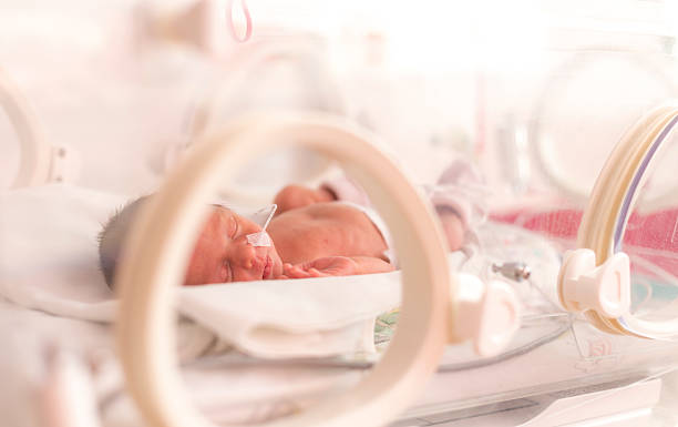 Premature newborn baby girl Premature newborn baby girl in the hospital incubator after c-section in 33 week nicu stock pictures, royalty-free photos & images