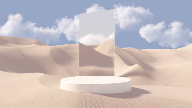 Premium podium on sand dunes for product presentation stock photo
