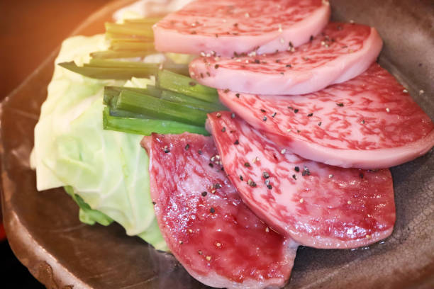 Premium quality raw sliced wagyu beef A5 steak for yakiniku. Japanese foods style. stock photo