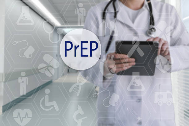 PrEP on the touch screen with medicine icons on the background blur Doctor in hospital.Innovation treatment, service, data analysis health. Medical Healthcare Concept Pre-Exposure Prophylaxis prevent HIV stock photo