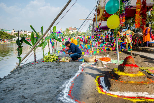 Prepareation for Chhath Puja Festival Celebration kathmandu,Nepal - November 1,2019: Chhath Puja Festival Celebration preparations at Kamalpokhari in Kathmandu. chhath stock pictures, royalty-free photos & images