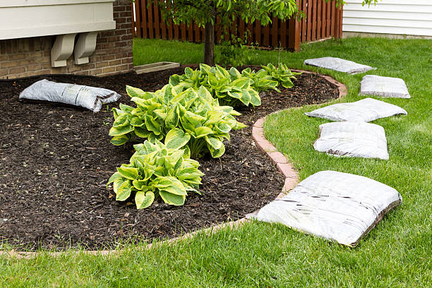 Preparing to mulch the garden in spring Preparing to mulch the garden in spring laying out a row of commercial organic mulch in bags around the edge of the flowerbed on a neatly manicured green lawn erosion control stock pictures, royalty-free photos & images
