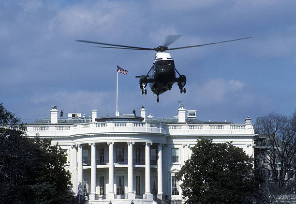 Presidential helicopter leaving the White House stock photo