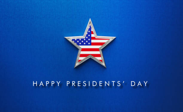 concepto del día del presidente - mensaje del día del presidente feliz debajo de una estrella de plata texturizada con bandera americana sobre fondo azul - presidents day fotografías e imágenes de stock