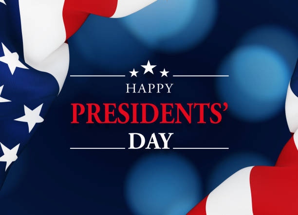 Happy Presidents' Day message written over dark blue bokeh background behind rippled American flag. Horizontal composition with copy space. Front view. Presidents' Day concept.