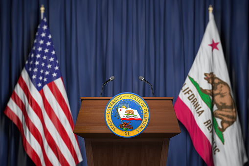 Press conference of governor of the state of California concept. Seal of the governor of the State of California on the tribune with flag of USA and California state.  3d illustration