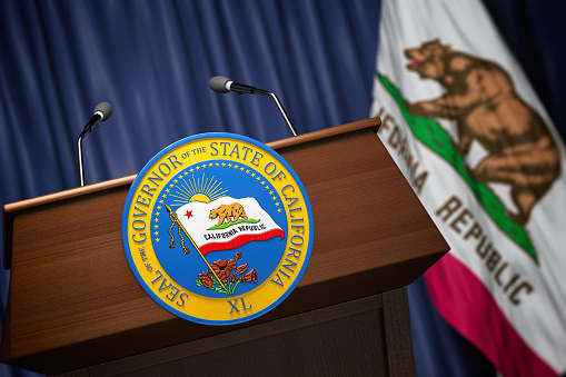 Press conference of governor of the state of California concept. Seal of the governor of the State of California on the tribune with flag of USA and California state.  3d illustration