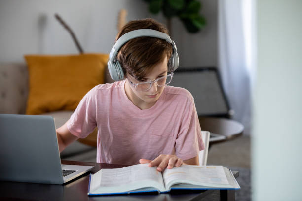 Preteen Boy reading textbook at home stock photo