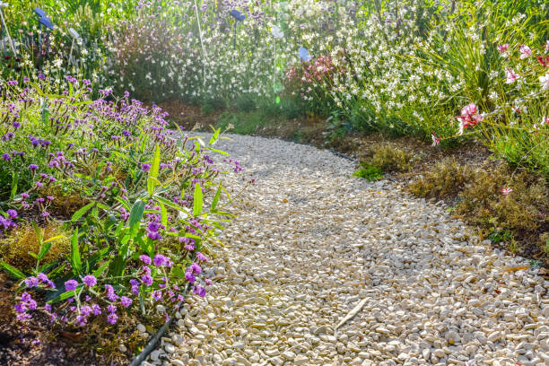 pretty gravel path in a flower garden Garden layout with a small pebble path garden path stock pictures, royalty-free photos & images