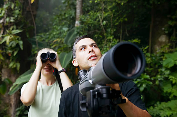 Pretty Woman using Binoculars and Man with Telescope in Jungle stock photo