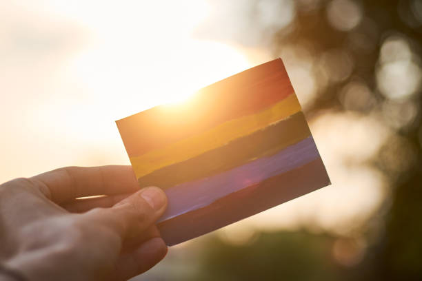 флаг лгбт-прайда с солнечным светом на спине. - progress pride flag стоковые фото и изображения
